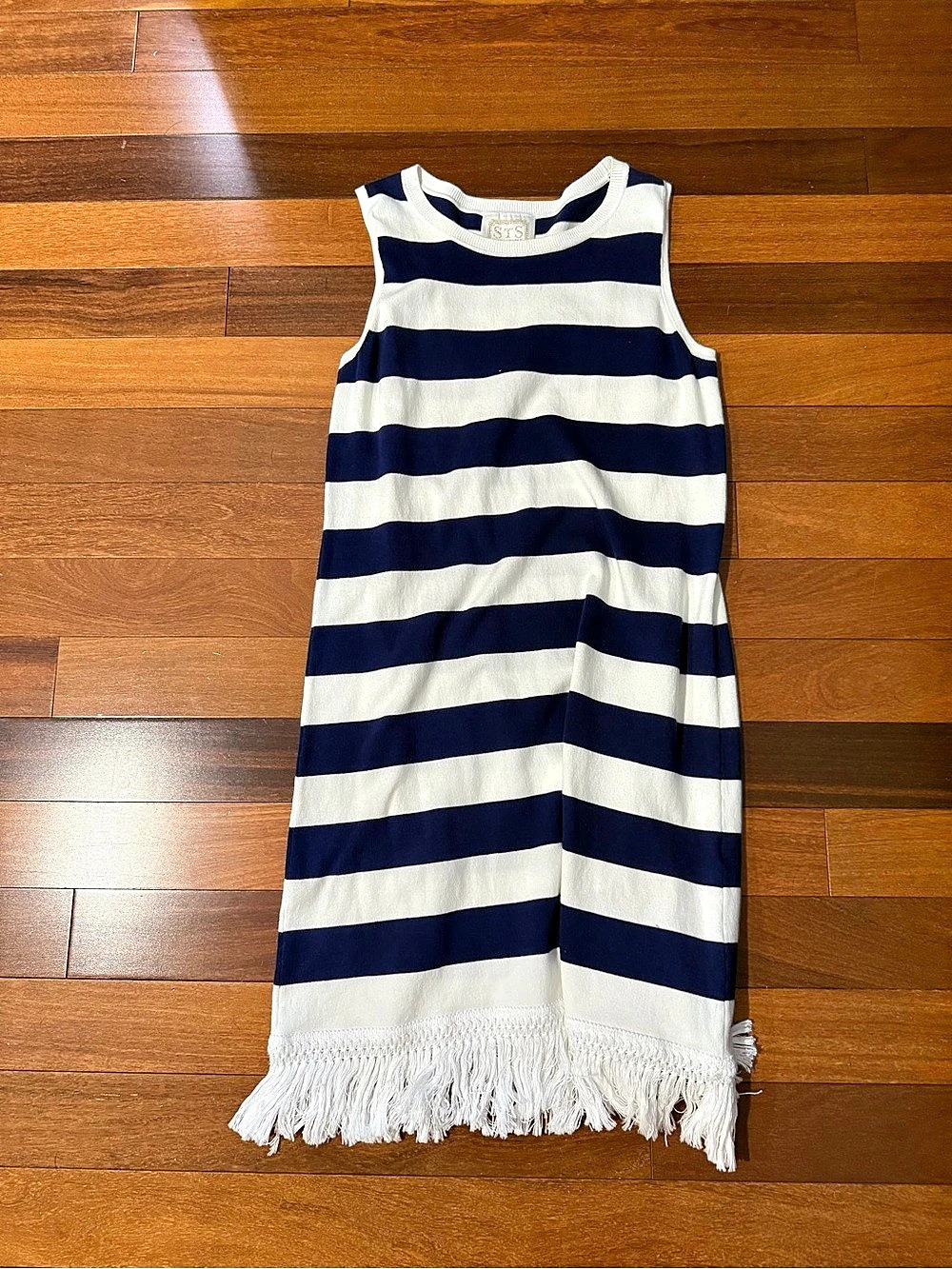 Sail to Sable Striped Fringe Hem Dress in Blue & White